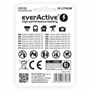 Pile photo lithium CR123 everActive format cylindrique 17 x 34,5 mm