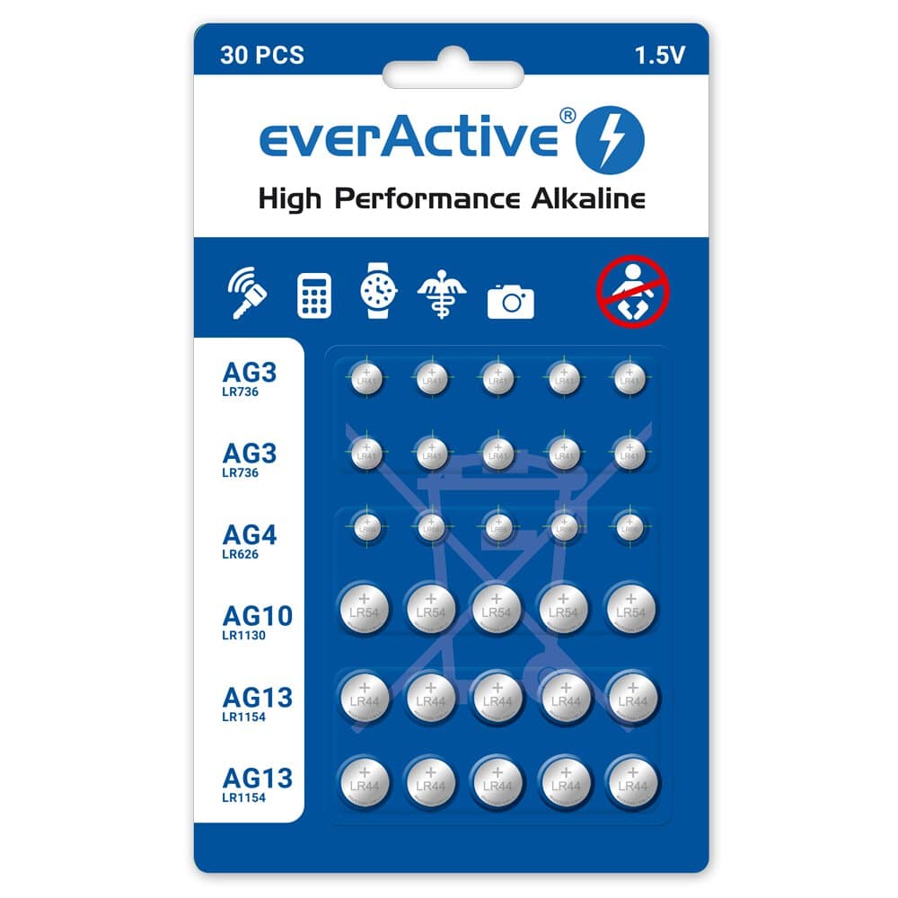 Coffret 30 piles boutons alcalines everActive LR41 LR626 LR1130 LR1154