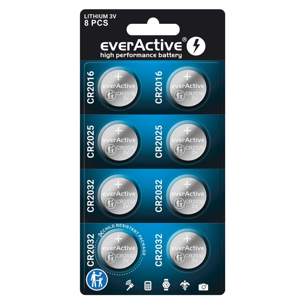 Coffret 8 piles lithium everActive CR2032 CR2025 CR2016 assorties 3V